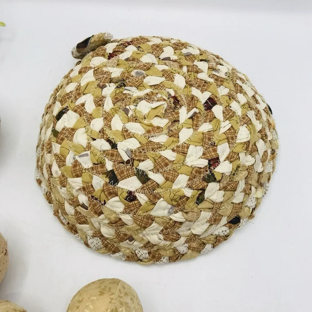 Neutral Tans Beige Cream Braided Basket with 7 Fabric Balls Handmade 9x9x2